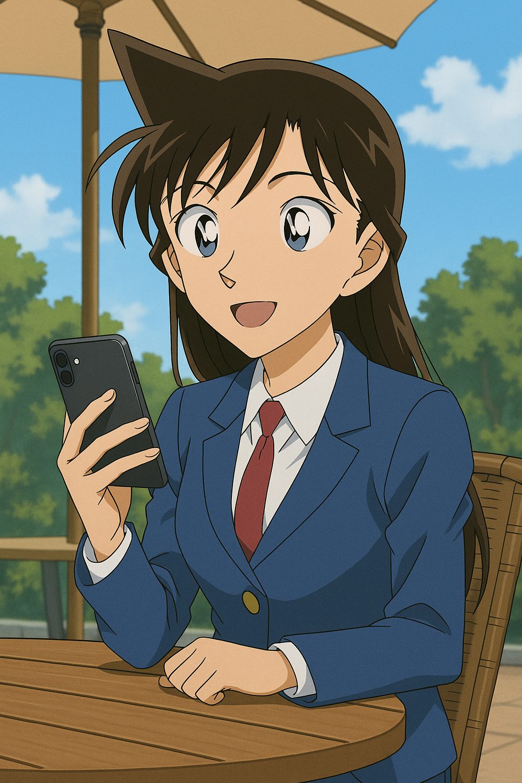 屋外カフェでスマホを持つ蘭