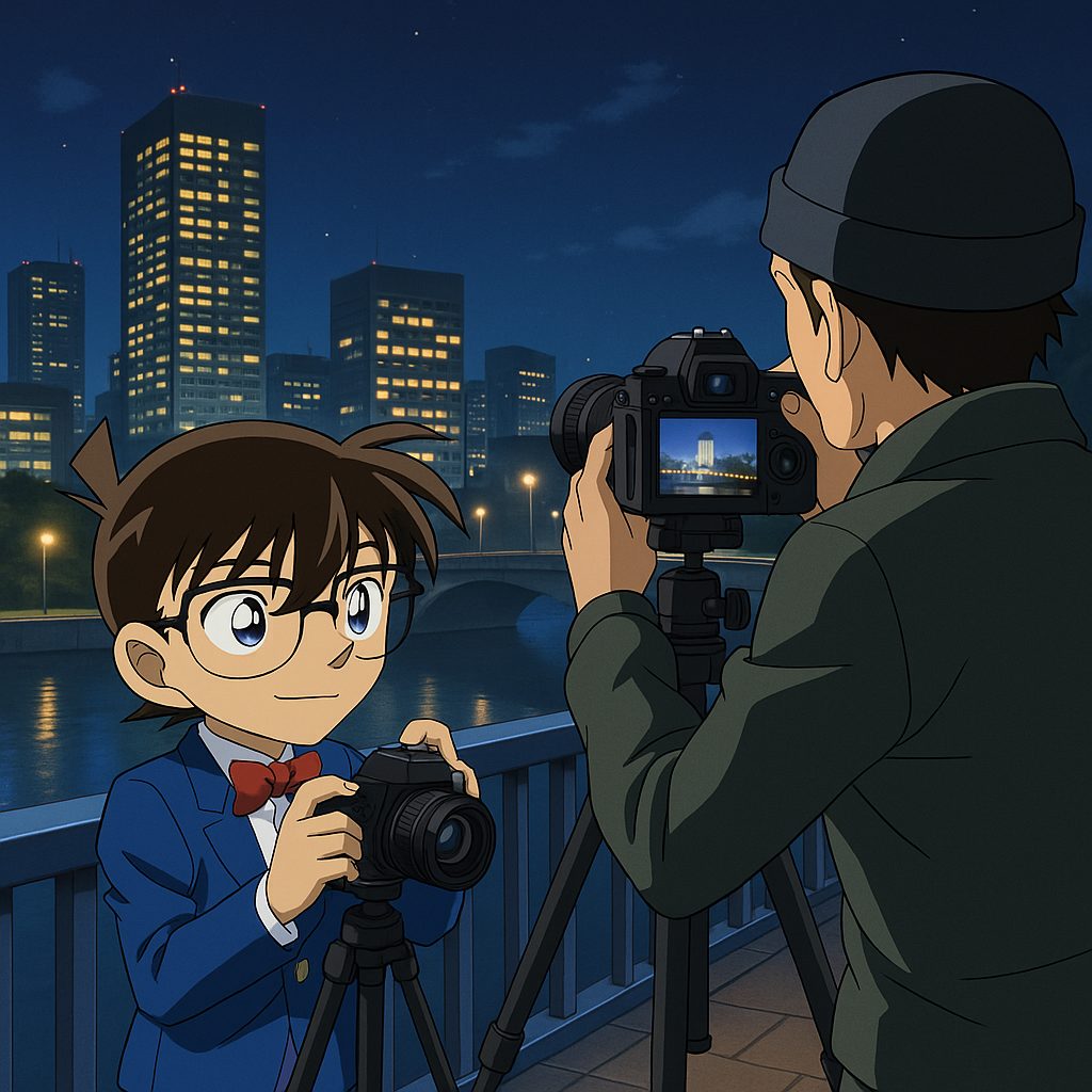 夜景と共にカメラを構える