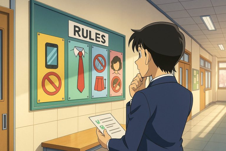 学校の廊下と規則ポスター