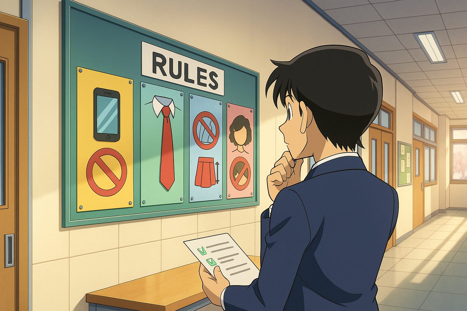 学校の廊下と規則ポスター