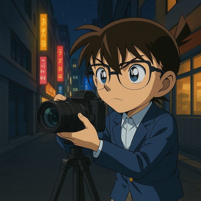 夜の街でカメラを構えるコナン