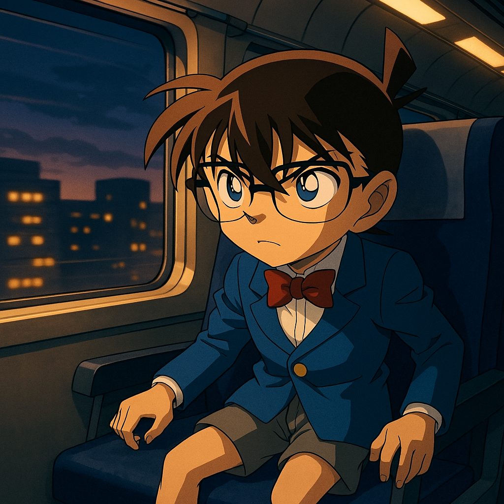 夕暮れの列車内のコナン