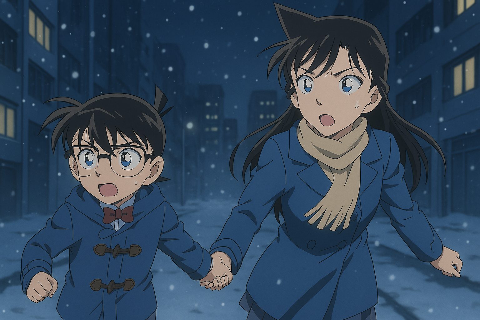 雪の街を駆ける二人