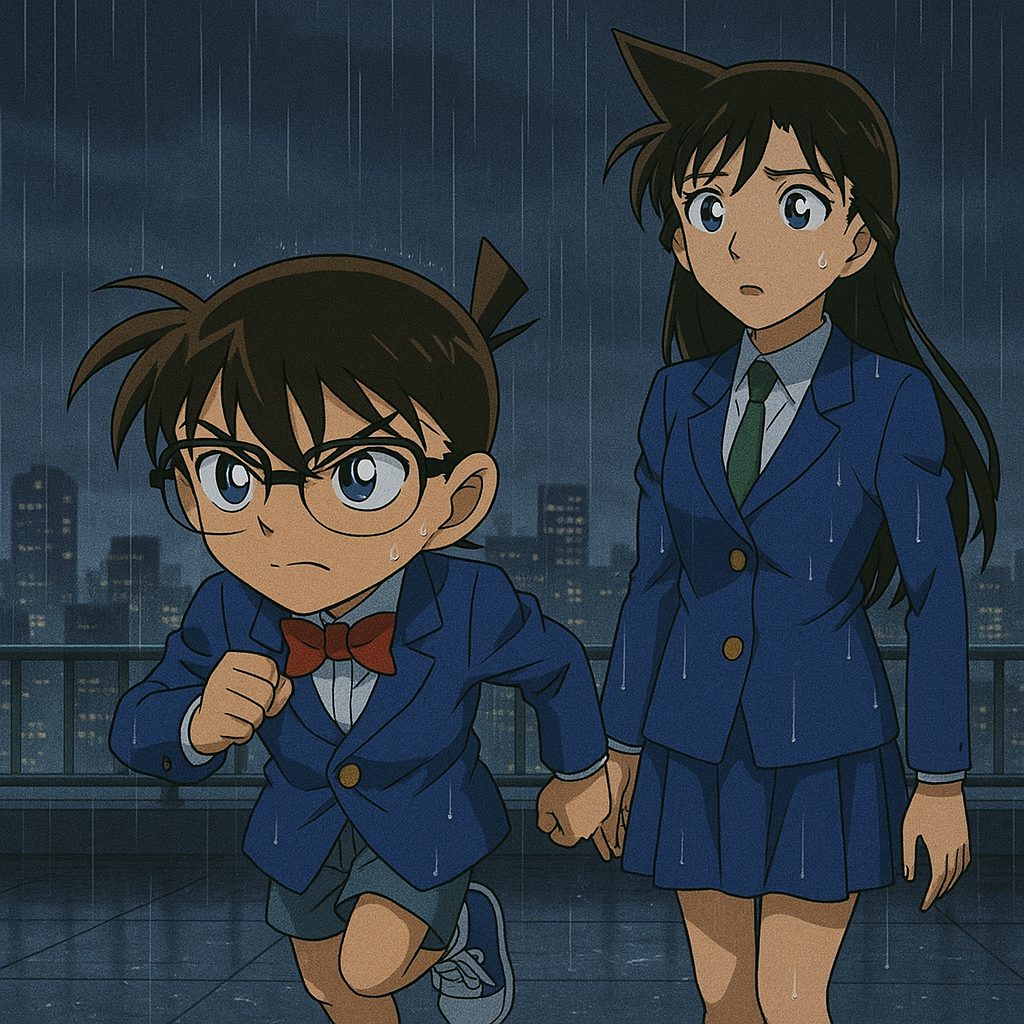 雨の中で走る少年探偵