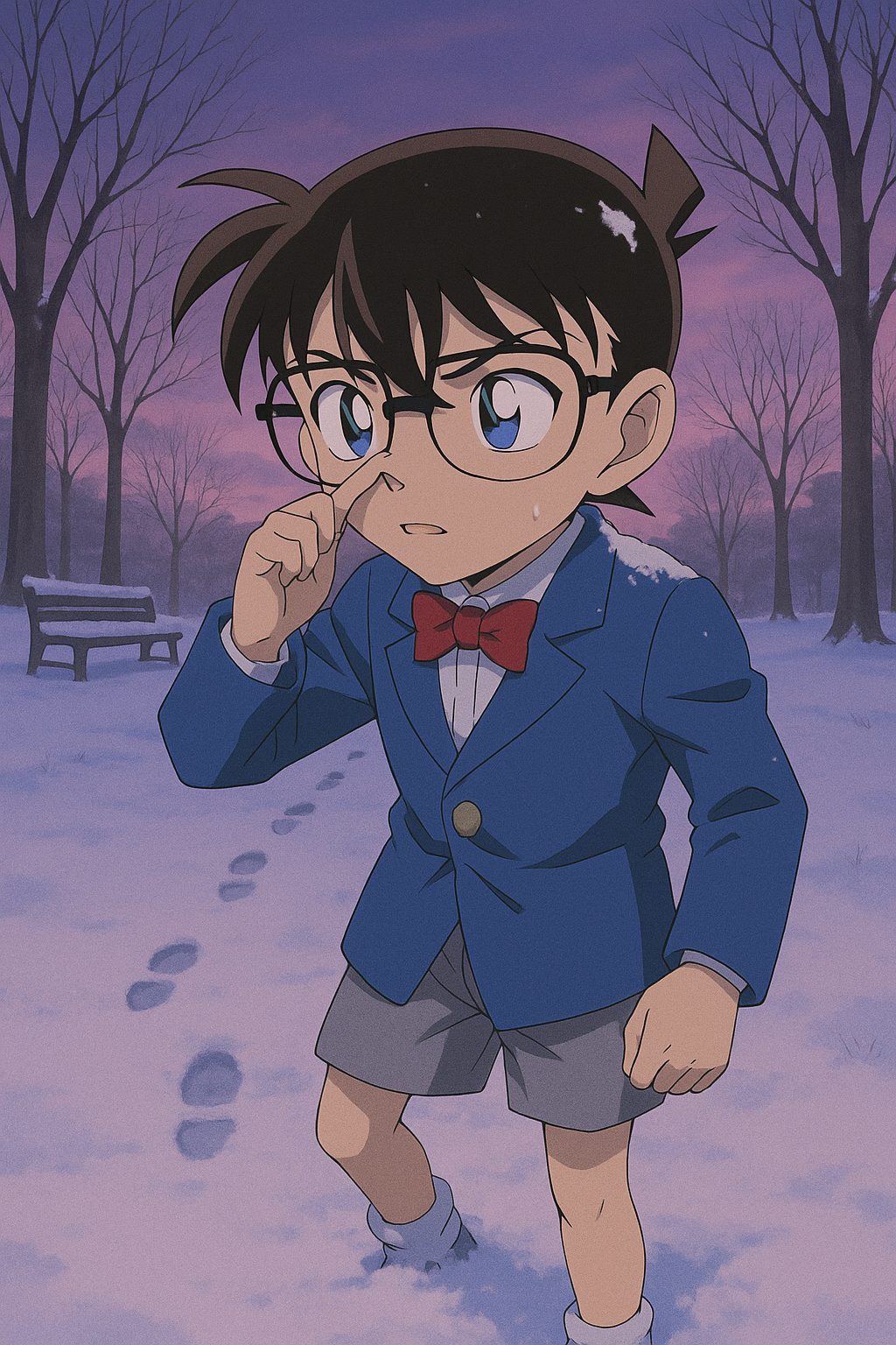 雪の中の少年と足跡