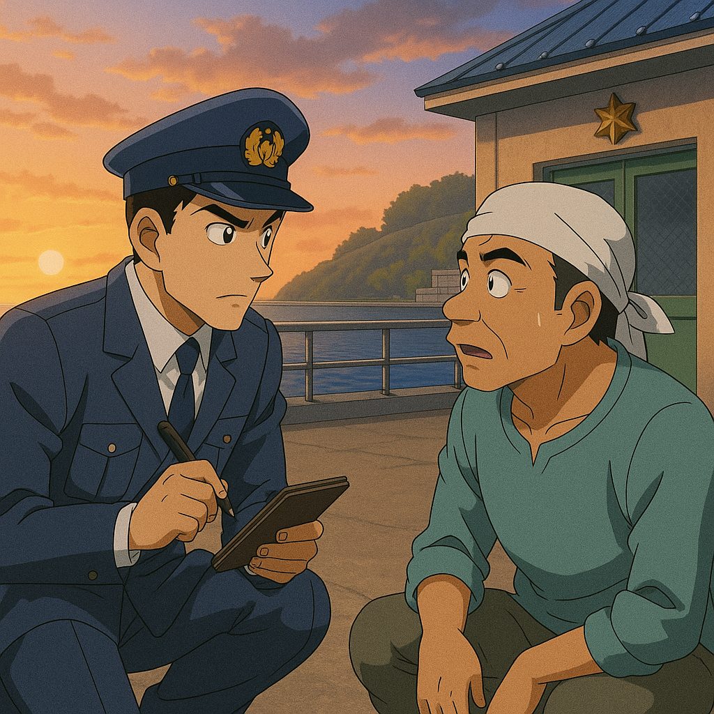 海辺の朝、警察官と漁師