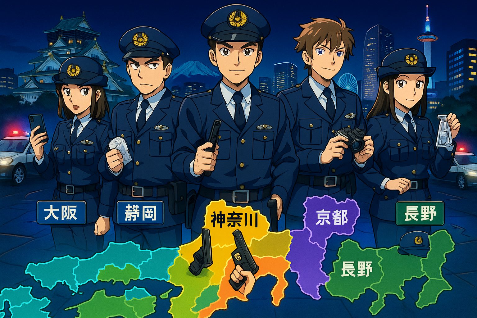 日本の警察官たちの夜景