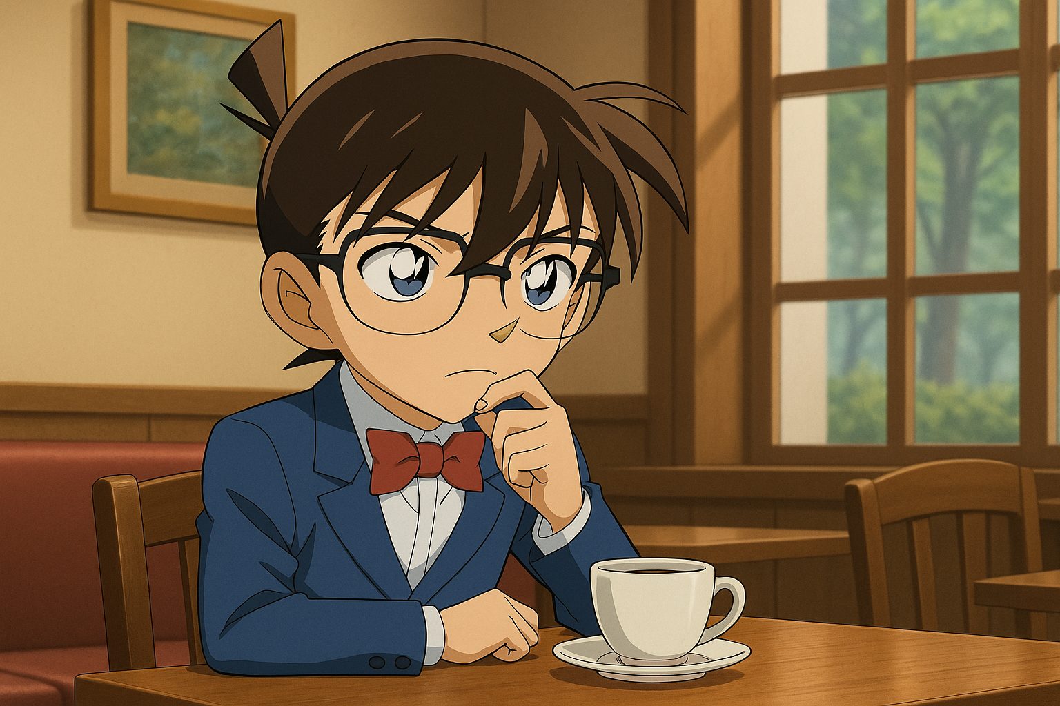 カフェで考え込む少年