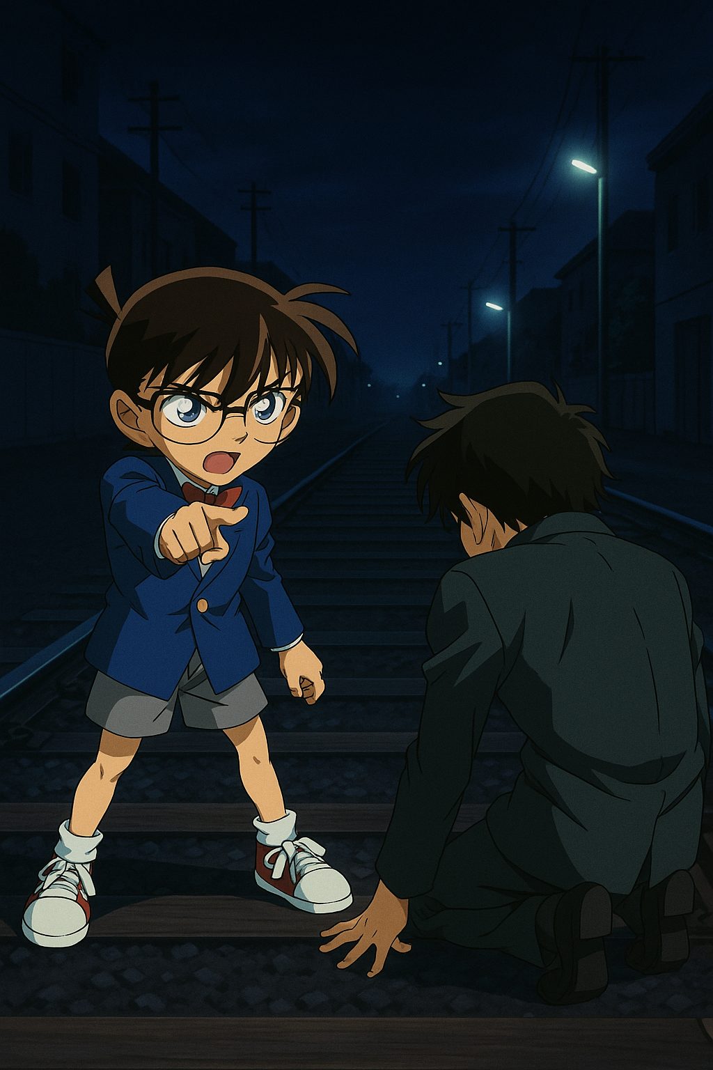 夜の線路で対峙する探偵