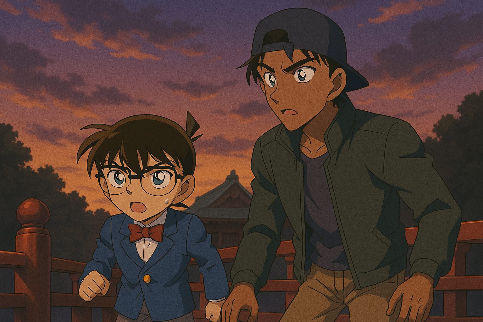 夕暮れの橋での探偵たち