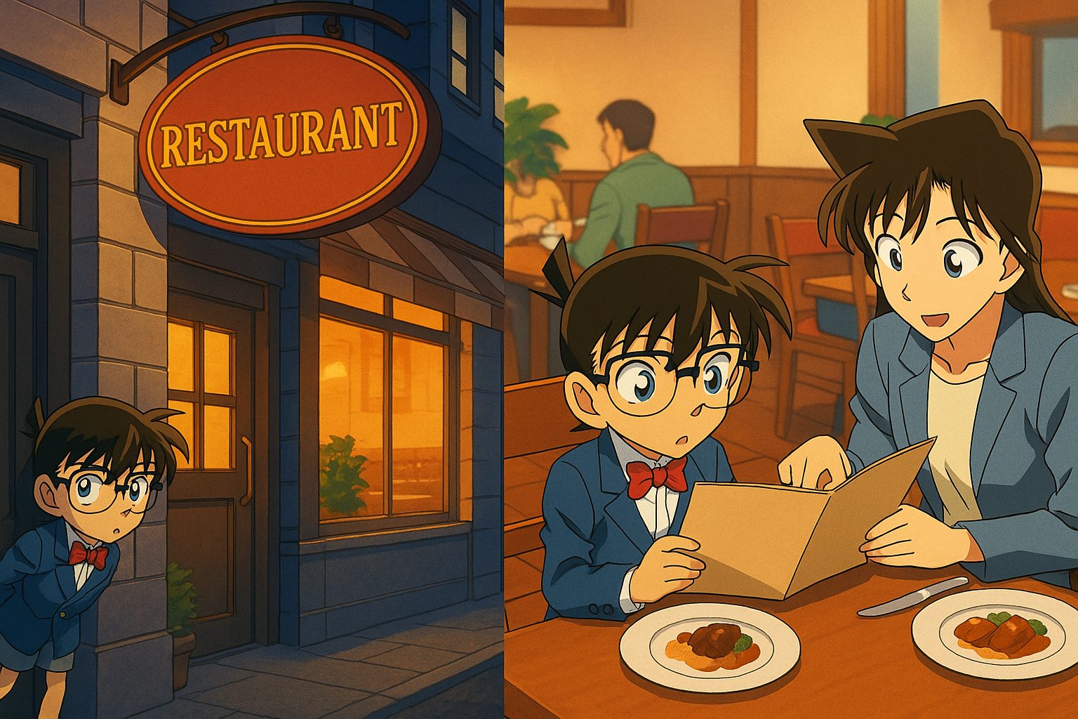 名探偵コナン制作に学ぶ3DCG×手描き背景融合ワークフロー|ドローン視点CGの作り方徹底解説 6 コナンと蘭のディナータイム