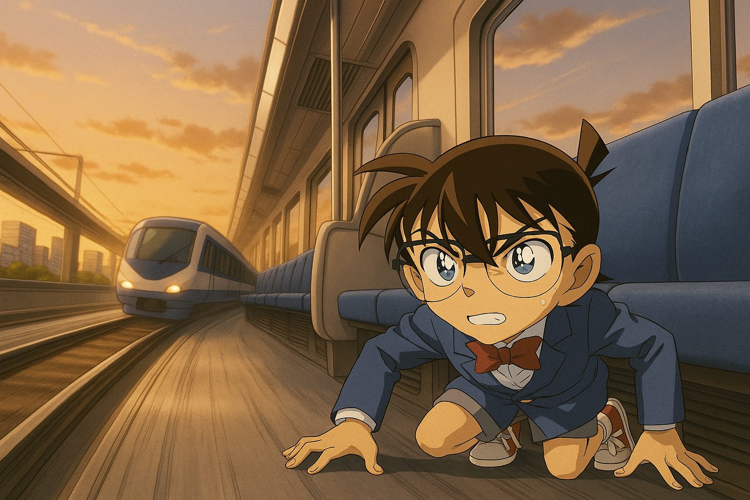 夕焼けの車内での名探偵