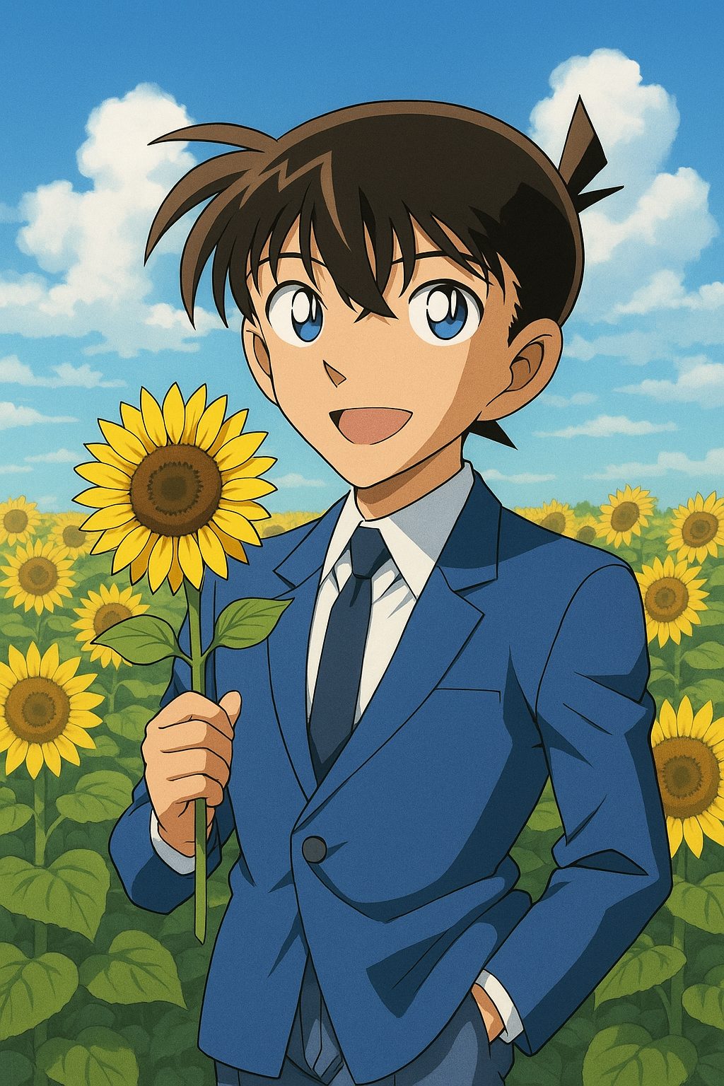 ひまわり畑の中の新一