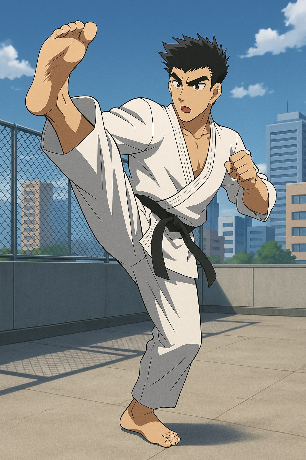 屋上での武道家の高蹴り