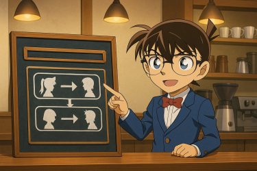 カフェでメニューを紹介するコナン
