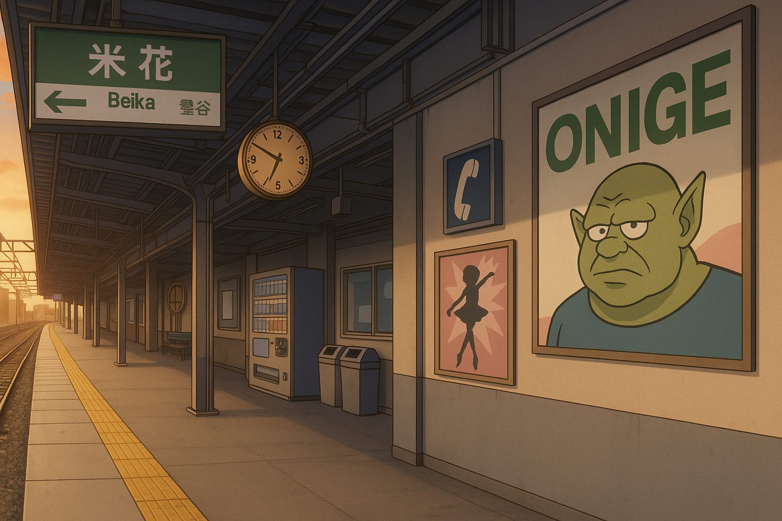 夕陽の駅プラットフォーム