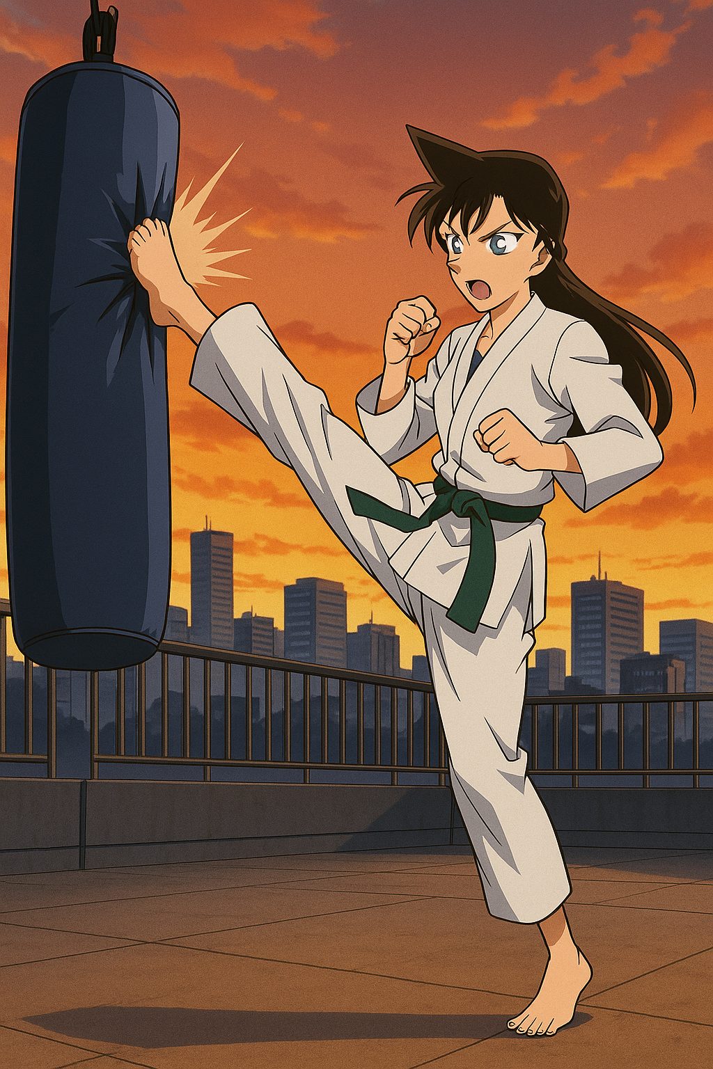 屋上での空手キック