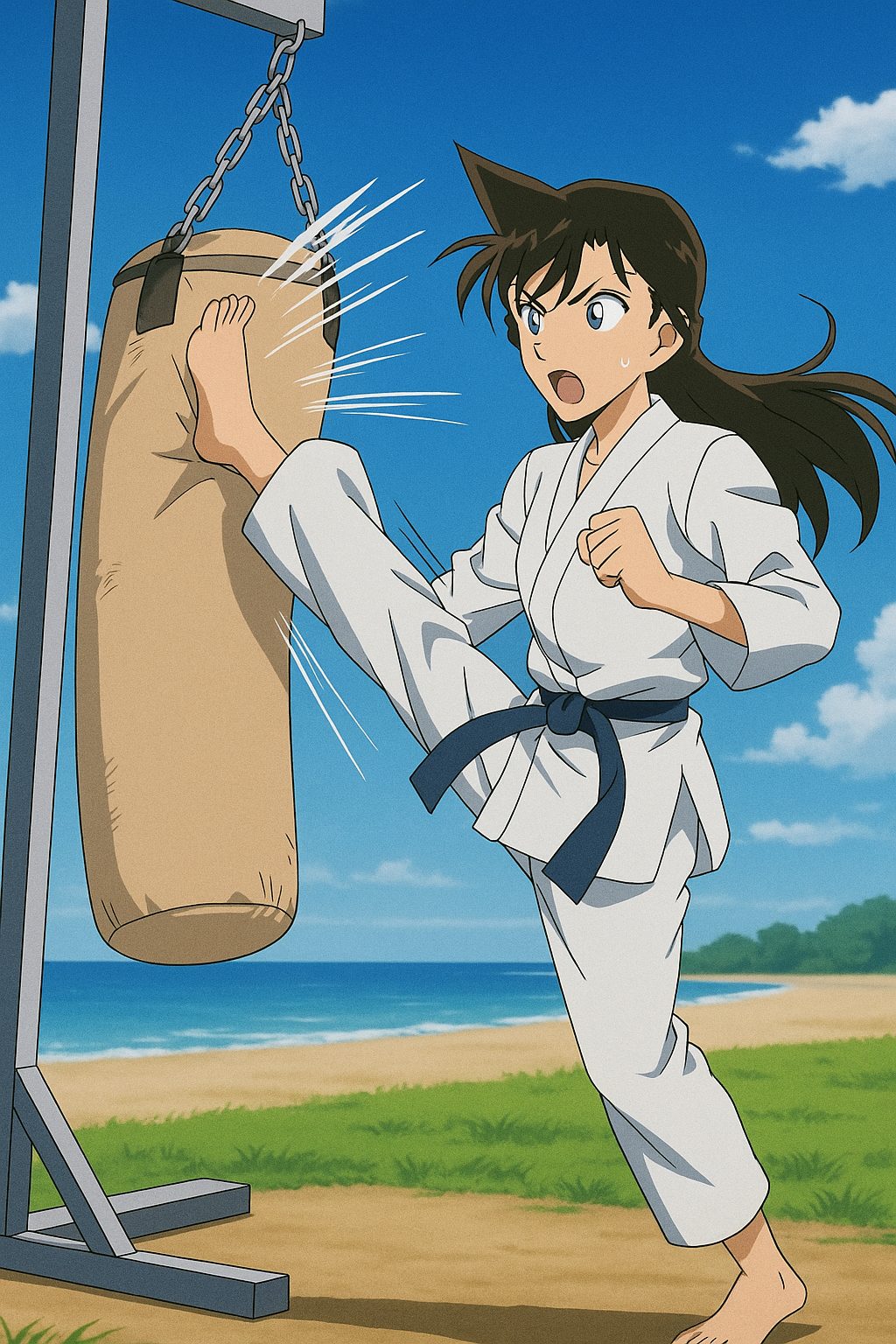 海辺での力強い空手の一撃