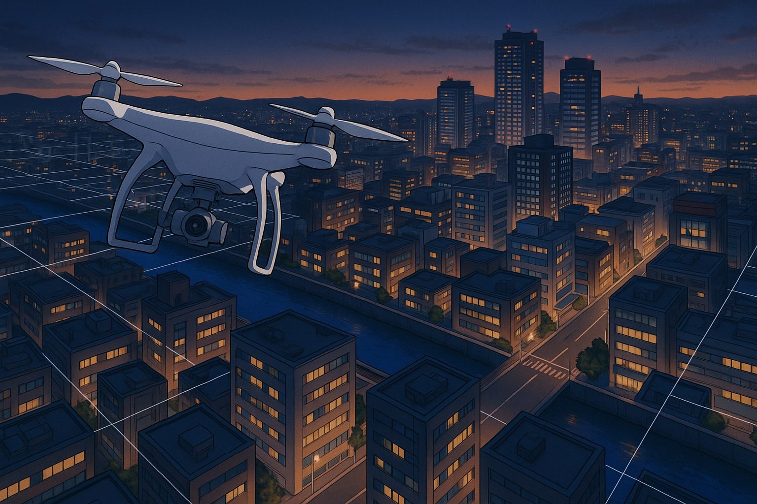 名探偵コナン制作に学ぶ3DCG×手描き背景融合ワークフロー|ドローン視点CGの作り方徹底解説 10 ドローンと都市の夕暮れ