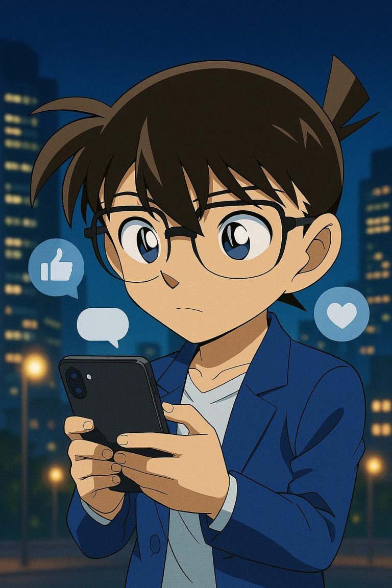 夜の都市とスマホを使うコナン